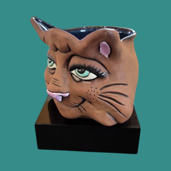 Signed Whimsical Retro Kitty Cat Vintage Mug Handmade A&A Studio Pottery Cup - Picture 3 of 11